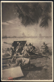 Открытка СССР 1943 г. Гвардейцы ведут огонь по гитлеровцам т. 10000 фото Чернов прошла почту