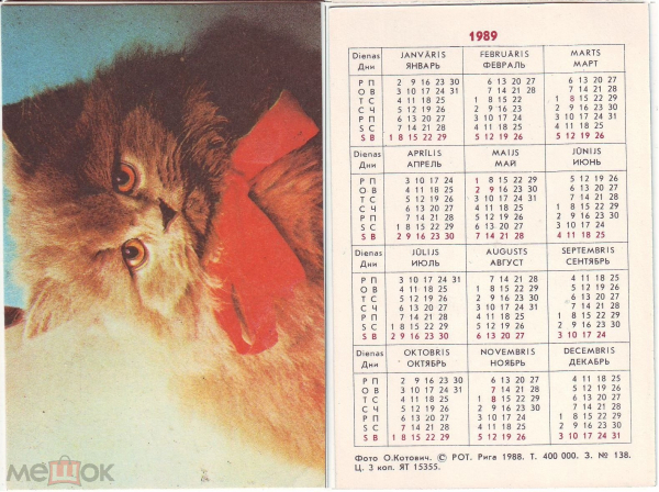 Календарик СССР Кошки фото О.Котович 1989