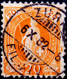 Швейцария 1882 год . Стоящая Гельвеция , 20 с . Каталог 6,50 €. 
