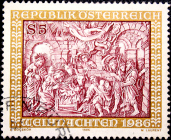 Австрия 1986 год . Поклонение пастухов (гравюра на дереве Иоганна Шванталера) . Каталог 0,85 £ .