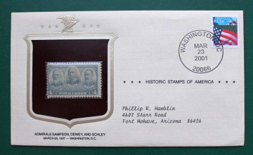 Исторические марки США оригинальный конверт Филвыставка Адмиралы Сампсон, Дьюи и Шлей