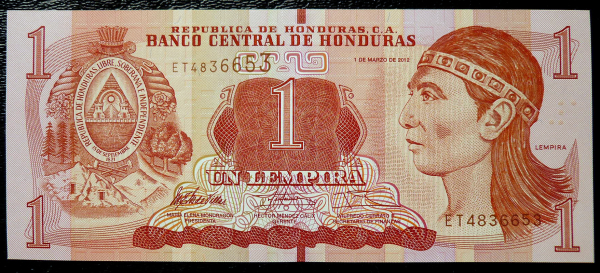Банкнота Гондурас 1 лемпира 2012 год. UNC