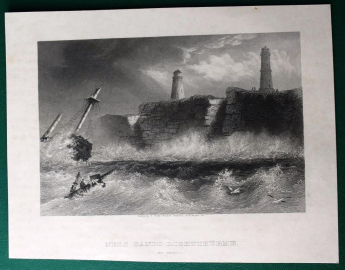 Гравюра 1847 Шторм у маяков Ness Sands по рисунку Уильям Генри Бартлетт 15.6х10,5 лист 19,6х15 см