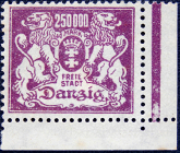  Данцинг 1923 год . Герб Данцинга со львами . 250000 rm . Каталог 1,80 €.