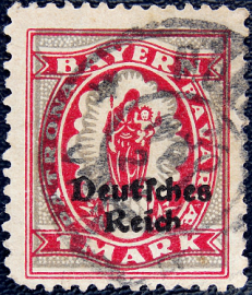 Германия , рейх . 1920 год . Баварские марки с надписью "Немецкий рейх" 1м . Каталог 3,50 €.