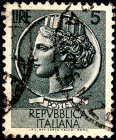 Италия 1955 год . Монета Сиракуз , 5 L .