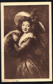 Открытка иностранная 1940-е. MOLE RAYMOND девушка в платье и шляпке чистая