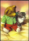 Открытка иностранная (ГДР?) 1960-е Плюшевый мишка Медведь мягкая игрушка кукла котёнок