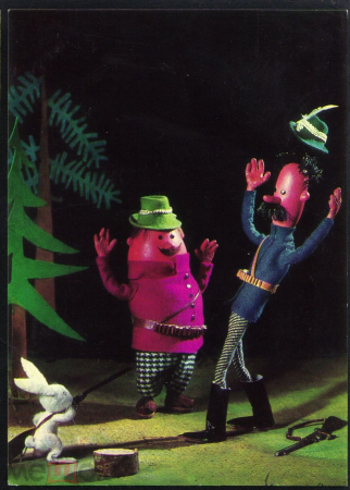 Открытка 1970-е Куклы кукла игрушки охота охотник шляпа ружье заяц ф. Цоневой иностранная чистая