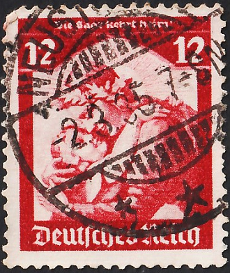 Германия 1935 год . Символ: "Саар вернется к матери Германии" , 12pf . Каталог 1,0 €