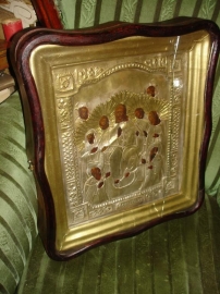Старинная икона(многофигурная) СЕДМИЦА или СПАС на ПРЕСТОЛЕ в окладе и киоте,19век