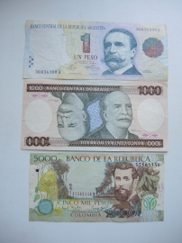 3 боны банкноты песо Колумбия Аргентина крузейро Бразилия Южная Америка  Латинская Америка