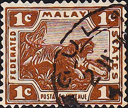 Малайя 1919 год . Тигр (Panthera tigris) . Каталог 1,40 €.