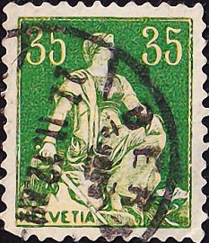Швейцария 1908 год . Гельвеция с мечом , 35 с . Каталог 3,25 £