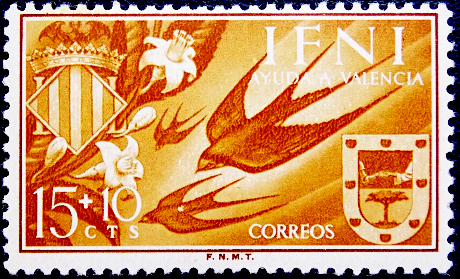 Ифни 1958 год . Деревенская Ласточка (Hiruпdо rustica) и герб Валенсии .