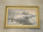 картина зимой зимний пейзаж в рамке живопись речка мост мостик художник СССР