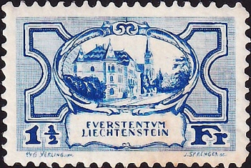Лихтенштейн 1925 год . Правительственный дворец и церковь, Вадуц . Каталог 360,0 €.