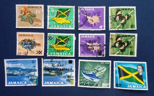 Ямайка 1964, 1969  Стандарт надпечатка Sc# 218, 221-223, 225, 279, 281-284 Used 1970 # 315, 318 MLH