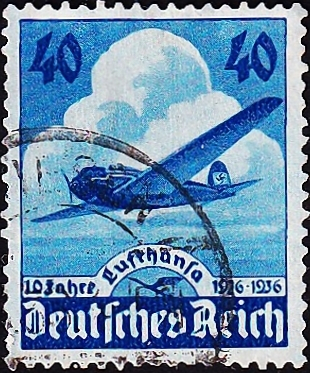 Германия , Рейх 1936 год . 10-я годовщина авиакомпании Lufthansa Airways . Каталог 4,75  £ (2).