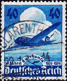 Германия , Рейх 1936 год . 10-я годовщина авиакомпании Lufthansa Airways . Каталог 4,75  £ (4).