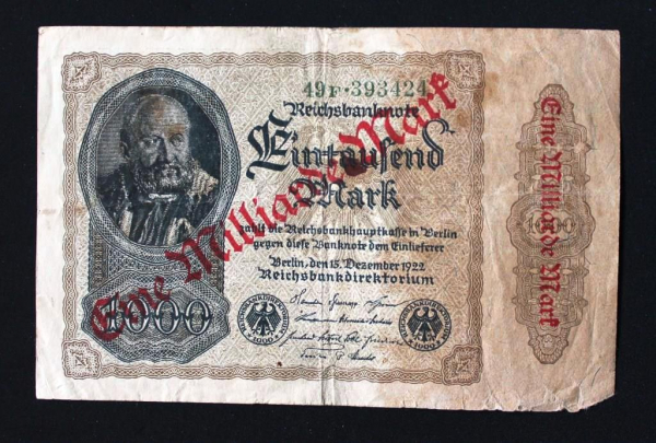 Германия 1000 Марок 1922 надпечатка 1 миллиард 1000000000 марок Веймарская республика