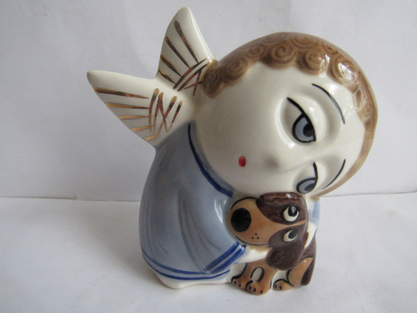 Ангел  с собачкой статуэтка ,авторская керамика,Вербилки .роспись