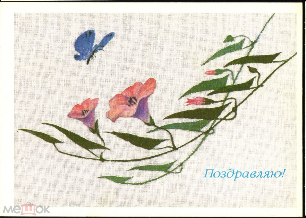Открытка СССР 1989 г. Поздравляю, бабочка, цветы, худ. Б. Илюхин ДМПК чистая К002