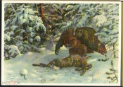 Открытка СССР 1960-е г. Филин с убитым зайцем, живопись. горы, лес, природа чистая переоценка