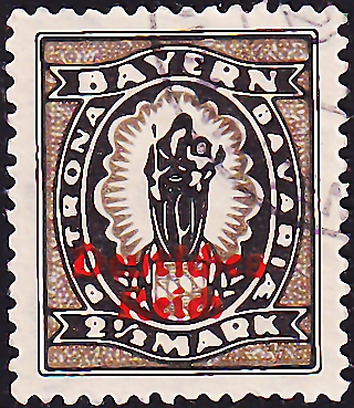 Германия , рейх . 1920 год . Баварские марки с надписью "Немецкий рейх" 2,5м . Каталог 4,0 €. (1)