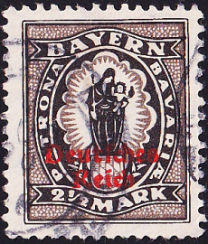 Германия , рейх . 1920 год . Баварские марки с надписью "Немецкий рейх" 2,5м . Каталог 4,0 €. (2)