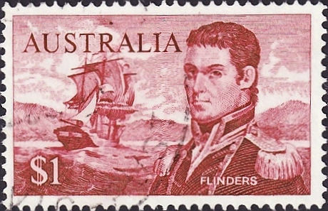 Австралия 1973 год . Мэтью Флиндерс и его судно «Исследователь» perf 14.78 x 14.1 . Каталог 19,0 €.