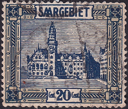  Германия , СААР 1922 год . Ратуша, Саарбрюккен 20 c . Каталог 0,55 £.