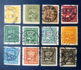 Швеция 1920-34 Корона Почтовый горн Sc# 145-148, 150-156, 158 Used