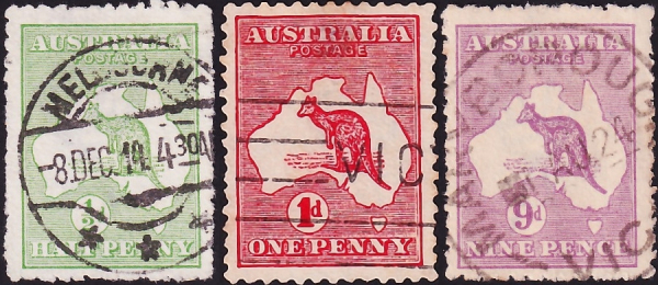Австралия 1913 год . Кенгуру и карта , часть серии . Каталог 35,50 £.