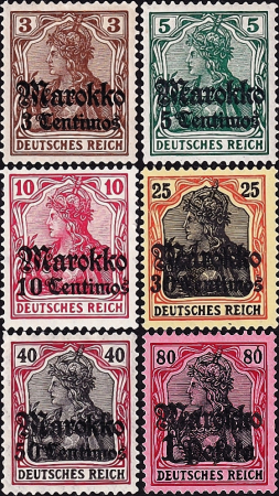 Германия , Марокко 1906-1911 гг . надпечатка Marokko на "Germania" , часть серии . Каталог 243,0 €.