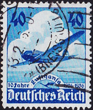 Германия , рейх . 1936 год . 10-я годовщина авиакомпании Lufthansa Airways . Каталог 4,75 £ (5)