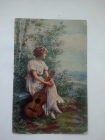 Антикварная старинная цветная открытка девушка с гитарой.