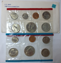 США, Годовой набор 1980 год, монет 13 шт.,в конверте, Монетные дворы: D- Денвер, Р- Филадельфия