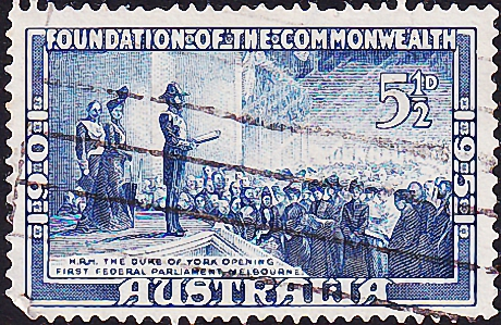  Австралия 1951 год . "Открытие первого федерального парламента" (Т. Робертс) . Каталог 2,25 £.