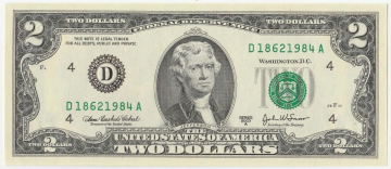 2$ доллара  UNC Номер - Год рождения 1984г.