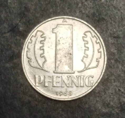 1 пфенниг (pfennig) 1968 года A   ГДР КМ# 8.1