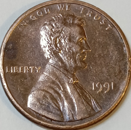 1 цент 1991 год, без обозначения монетного двора, США _187_