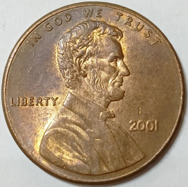 1 цент 2001 год, без обозначения монетного двора - Филадельфия, США; _187_