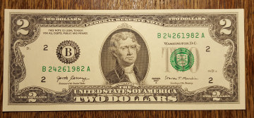 2$ доллара  UNC Номер - Год рождения 1982г.