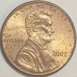 1 цент 2007 год, без обозначения монетного двора - Филадельфия, США;   _187_