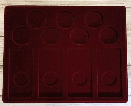 Бархатный планшет Сочи - на 7 монет разновидов и 4 монеты в блистерах, с пластиковой крышкой, упаковка