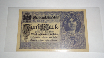 Германия , 5 марок , 1917 г. , Aunc . ( семизначный серийный номер )