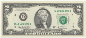 2$ доллара  UNC Номер - Год рождения 1999г. № 18621999 А