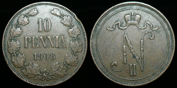 10 пенни 1908 г. Русская Финляндия (С477)