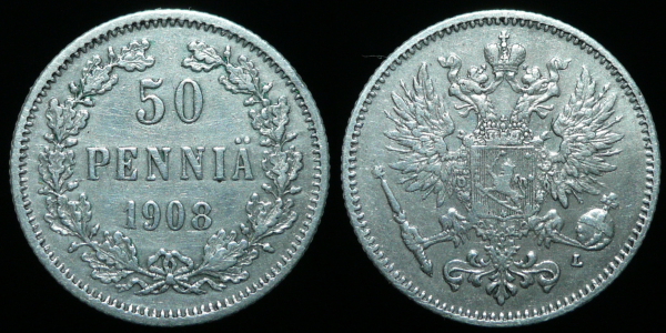 50 пенни 1908 г. Русская Финляндия (С535)